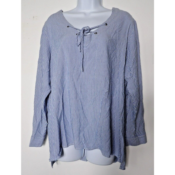 Daisy Fuentes 1X Top Shirt Tunic Hi Low Blue White Stripes Plus Cottage Core - Picture 1 of 12